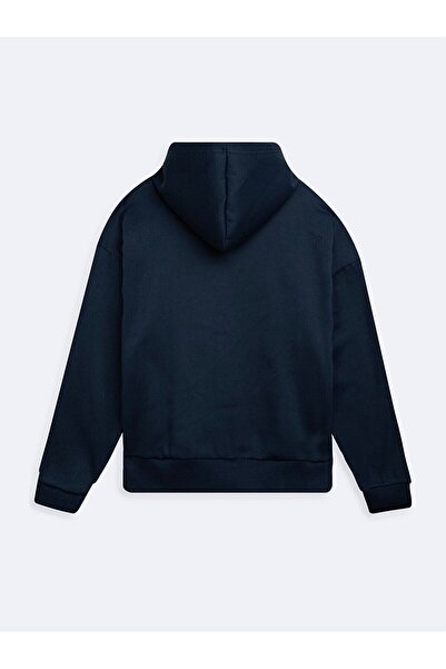 Ltb Long Sleeve Slogan Printed Hooded Navy Blue Sweatshirt