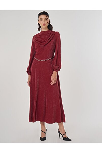 Kayra Degaje Collar Stylish Dress Burgundy
