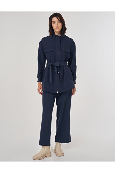 Kayra Double Suit with Stitching Detail Dark Navy Blue