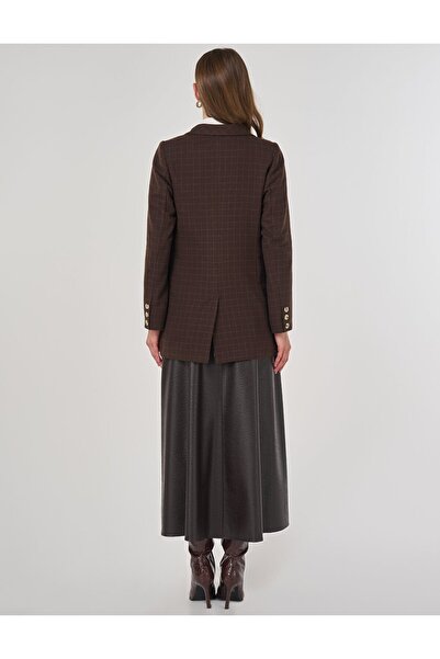 Kayra Plaid Pattern Blazer Jacket Dark Brown