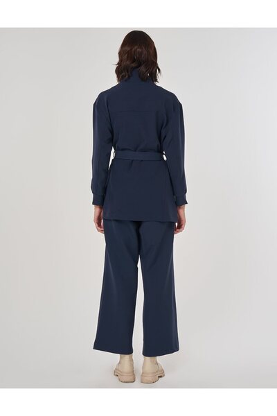 Kayra Double Suit with Stitching Detail Dark Navy Blue
