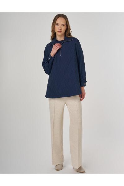 Kayra Wide Collar Embossed Sweatshirt Dark Navy Blue
