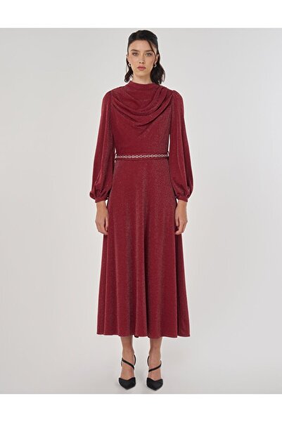 Kayra Degaje Collar Stylish Dress Burgundy