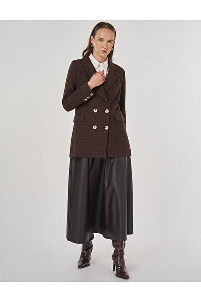 Kayra Plaid Pattern Blazer Jacket Dark Brown
