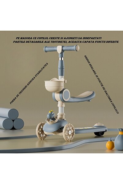 dalip 3-in-1 Multifunctional Scooter for Kids 1-7 Years, Dino Model, Beige/Blue, Lights & Music