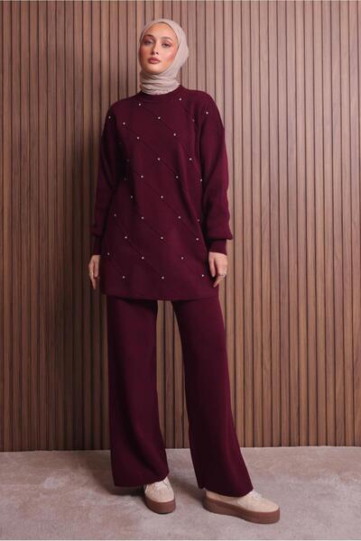 TRENDTESETTÜR Women's Burgundy Pants and Knitwear Set t 7607