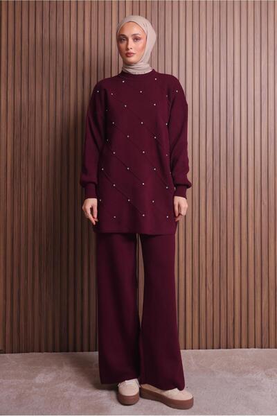 TRENDTESETTÜR Women's Burgundy Pants and Knitwear Set t 7607