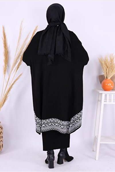 TRENDTESETTÜR Women's Black Patterned Knitwear Poncho t 71071