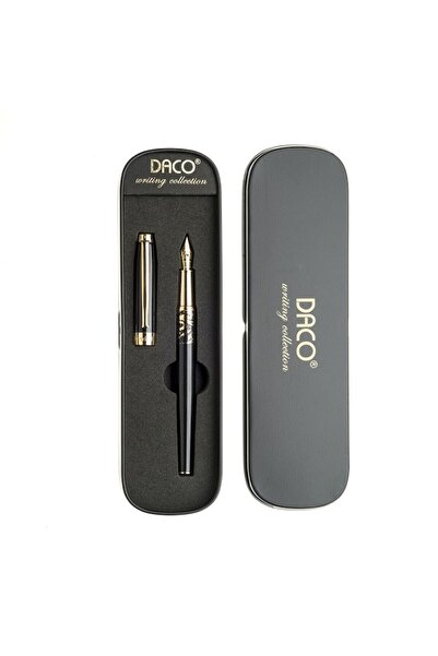 Daco Black Fountain Pen, Daco, F-type nib + FLR leather case, metal body, gold accessories, Decebal model