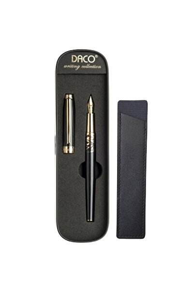 Daco Black Fountain Pen, Daco, F-type nib + FLR leather case, metal body, gold accessories, Decebal model