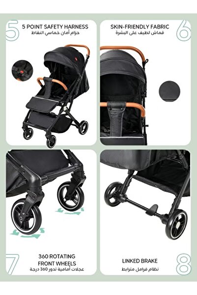 hibobi Lightweight Foldable Stroller with 360° Wheels, Sunshade Canopy, Large Basket & 5-Point Harness