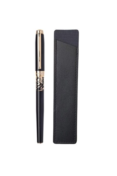 Daco Black Fountain Pen, Daco, F-type nib + FLR leather case, metal body, gold accessories, Decebal model