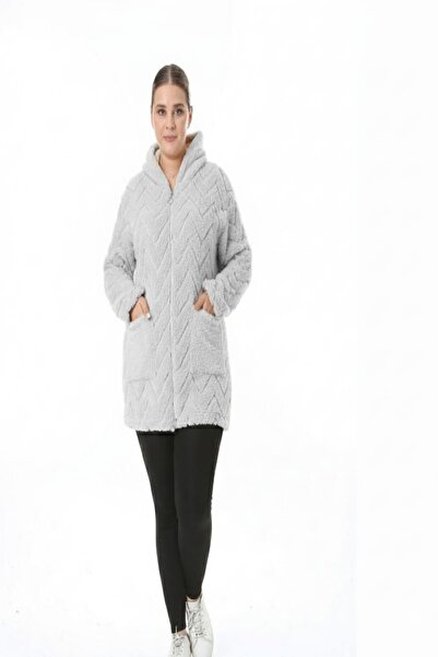 xlargebutik Plus Size Clothing Light Grey Hooded Warm Soft Plush Fleece