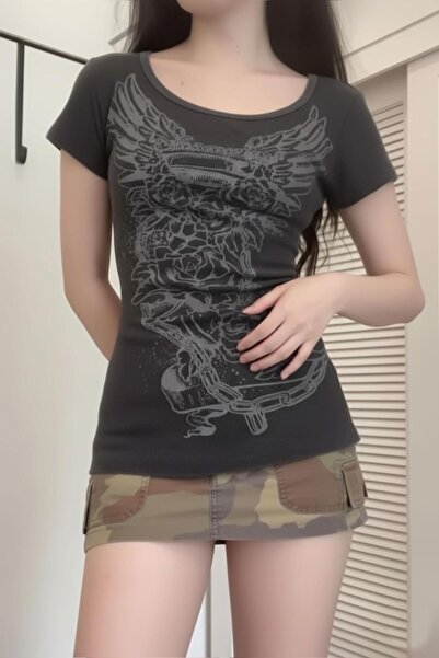 ARS Butik Vintage Rose Wings Short Sleeve Basic Smoked Bodysuit