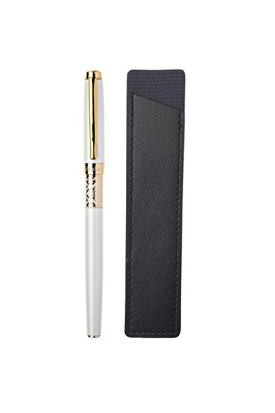 Daco White Fountain Pen, Daco, F-type nib + FLR leather case, metal body, gold accessories, Folklore model