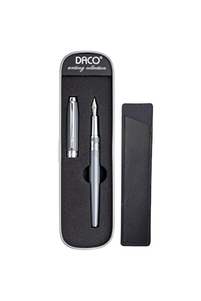 Daco Gray Fountain Pen, Daco, F-type nib + FLR leather case, metal body, silver accessories, Dragonul Da model