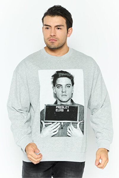 Elvis Men Crew Neck Graphic Printed Long Sleeves Sweatshirt, Grey