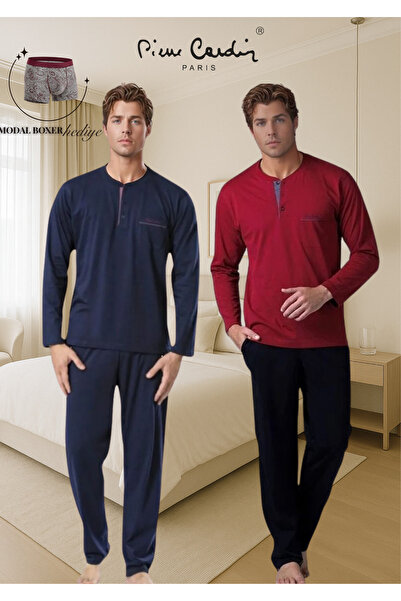 Pierre Cardin Erkek %100 Pamuk Penye Bordo & Lacivert 2 Adet Uzun Kol Pijama Takımı (Modal Boxer Hediye)
