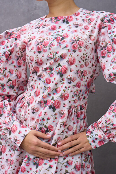 KÜÇÜĞÜM BUTİK Γυναικείο φόρεμα με πλισέ ροζ τριαντάφυλλο σατέν μακρύ φορέματα