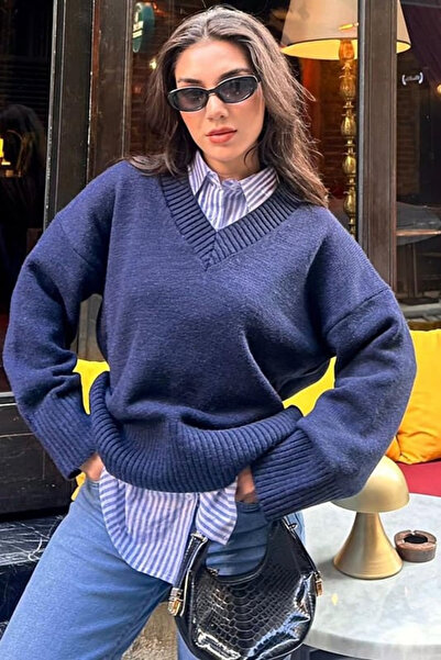 H&E LUXURY DESIGN Pulover de tricotat cu textura moale pentru femei, cu decolteu în V