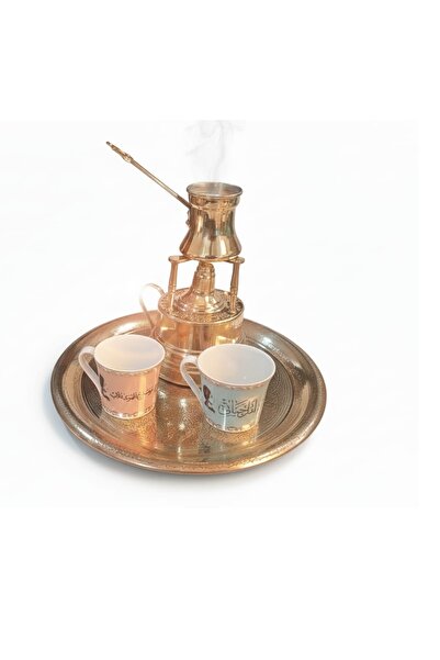 Kanka طقم قهوة تركي 5 قطع صناعة يدوية نحاس خالص ,موقد,كنكة,صينية و2 فنجان بورسلين