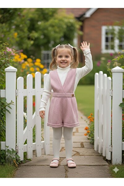 Şimo Butik Pantaloni scurți Salopet cu două rânduri de nasturi pentru fetiță cu bluză cu guler țesut de iarnă |   Set de trei piese elegant cu șosete roz Melange