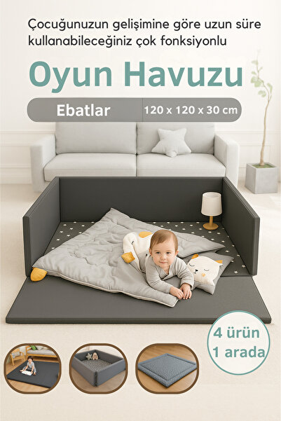SABY 4 in 1 Bebek Ve Çocuk Güvenli Oyun Alanı & Oyun Parkı, Oyun Minderi, Bebek Yatağı 120 x 120 cm