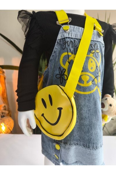 Şimo Butik Eid Girls' Denim Overalls Set with Bag Toys Design (Denim Dress+Blouse+ Bag Toys)