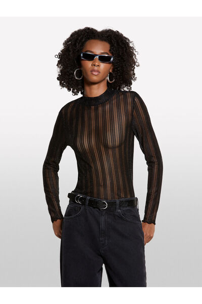 Sisley Trasparan Regular Fit Long Sleeve T-Shirt Women's Black T-Shirt - 325A327Pl200U