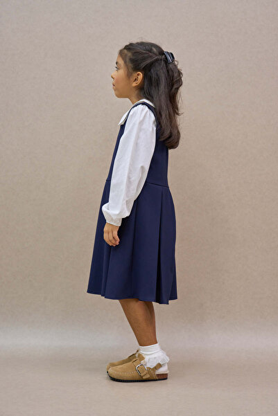 KÜÇÜĞÜM BUTİK Navy Blue Pleated Polyviscose Jile Dress and Girl's Dress Mother-Daughter Combination (Sold as Single)