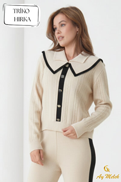 AYMELEK Women's Knitwear Cardigan Piped Wide Flat Collar Buttoned Cardigan