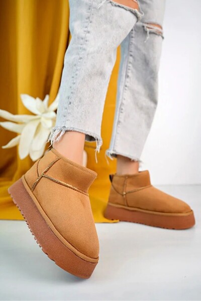 EM SHOESS Mini Taba Süet İçi Kürklü Kalın Taban Kadın Bot
