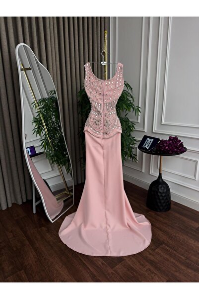 HOOR DRESSES Light pink crystal embroidered elegant sleeveless evening dress