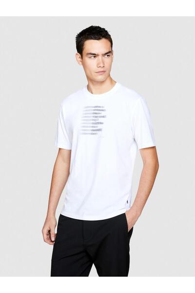 Sisley 100% Koton El με τύπωμα T-Shirt Ανδρικό λευκό μπλουζάκι - 323A3096S1030