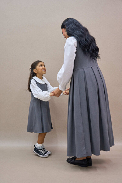 KÜÇÜĞÜM BUTİK Anthracite Pleated Polyviscose Jile Dress and Girl's Dress Mother-Daughter Combination (Sold as Single)