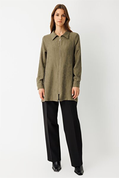 Esswaap Kendinden Desenli Fermuar Kapamalı Tunik Haki