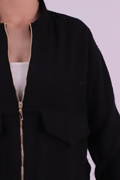 armonika Kadın Siyah Cepli Kolları Ve Beli Lastikli Bomber Kaşe Mont ARM-26K001027