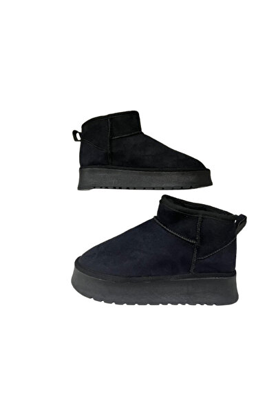 Şanzelize Women's Black Suede with Fur Inside Thick Sole Ankle Short Women's ...