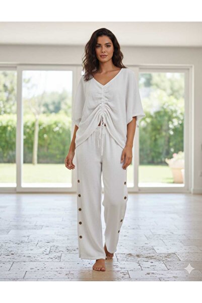 Punta Otantik Ay23766 Gathered Front Trousers Slit Muslin Set White