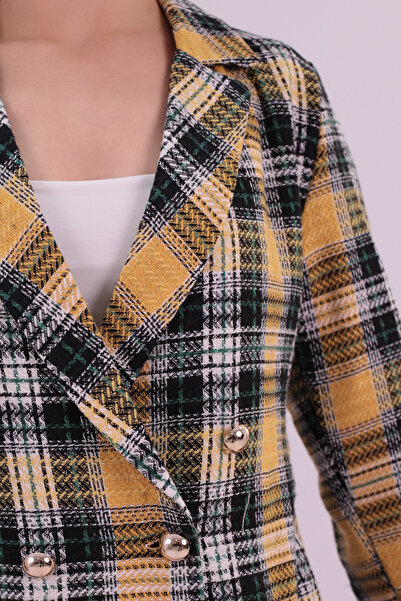 armonika Women's Yellow-White Double-Breasted Collar Tweed Crop Jacket Arm-24K001014