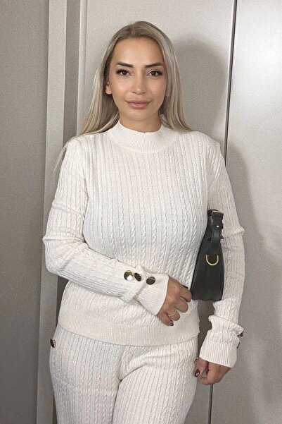 Muna Boutique Gold Button Detailed Knitwear Women's White Bottom Top Set