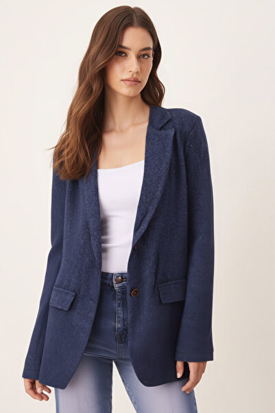 armonika Kadın Koyu Mavi Erkek Yaka Cep Kapaklı Vatkalı Oversize Kaşe Ceket ARM-26K001044