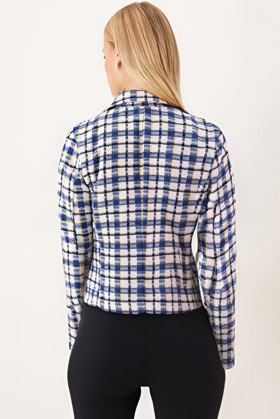 armonika Jachetă crop din tweed alb-albastru pentru femei decolteu petrecut în V ARM-24K001014