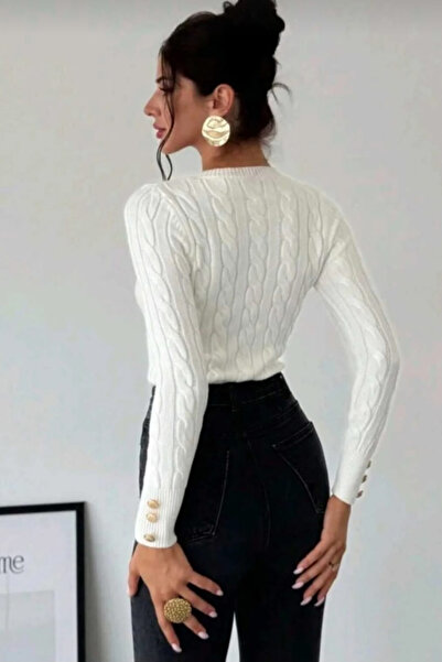 H&E LUXURY DESIGN Women's Hair Knitting Cuff Button Soft Textured Sweater