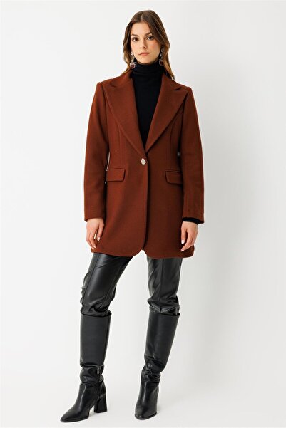 Esswaap Tek Düğmeli Yün İçerikli Keçe Ceket Kiremit