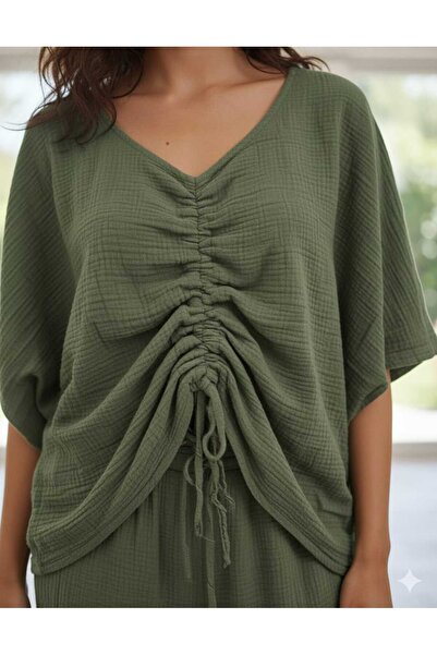 Punta Otantik Ay23766 Gathered Front Trousers Slit Muslin Set Khaki