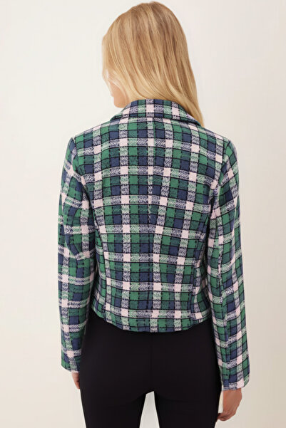 armonika Women's Blue-Green Double-Breasted Collar Tweed Crop Jacket Arm-24K001014