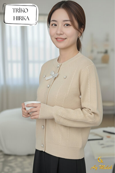 AYMELEK Women's Knitwear Crew Neck Bow Buttoned Cardigan