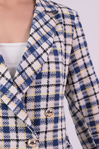 armonika Jachetă crop din tweed alb-albastru pentru femei decolteu petrecut în V ARM-24K001014