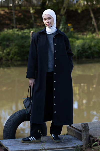 ZÜLAYS Düğmeli Uzun Trençkot Siyah